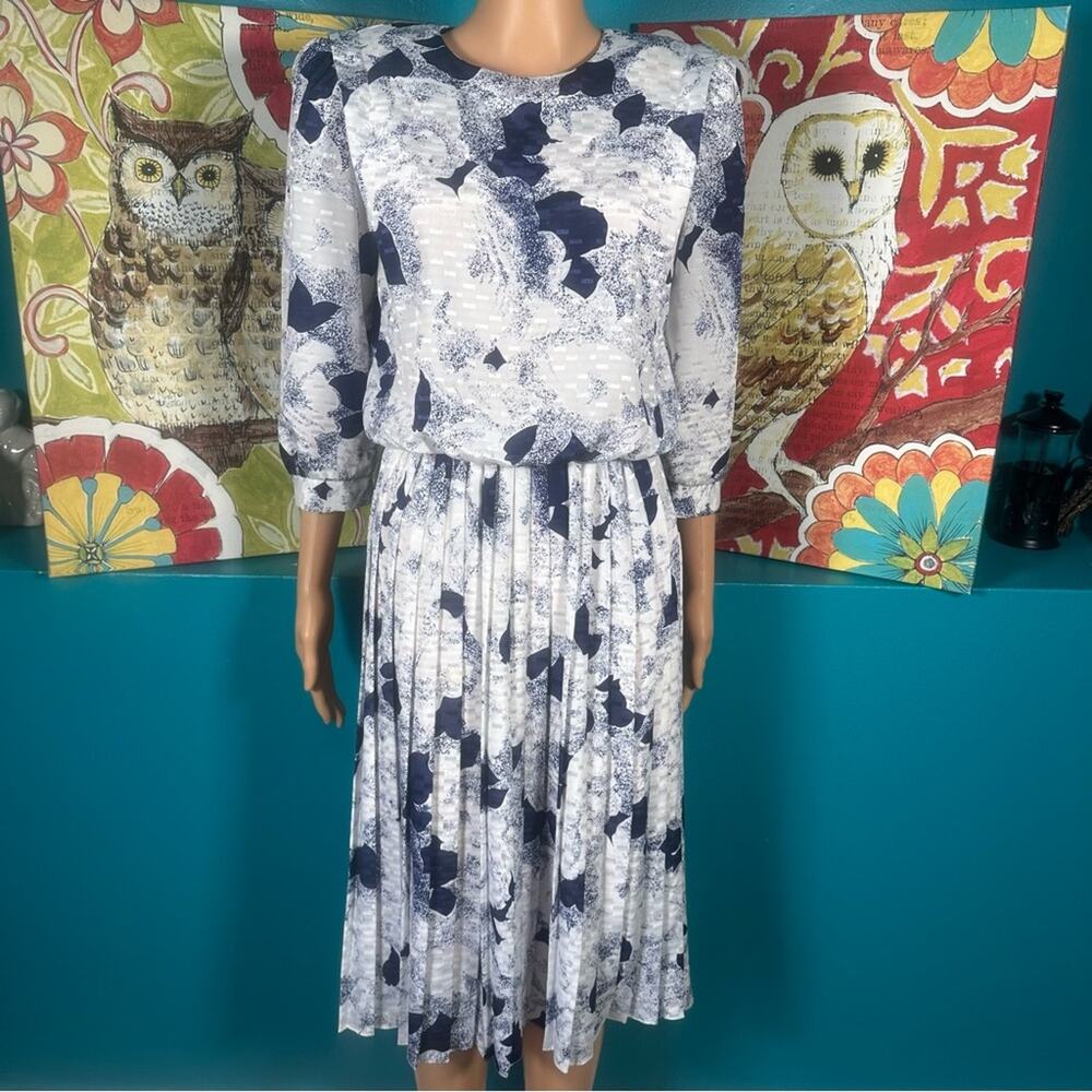 Vintage Navy and White Floral Midi Dress